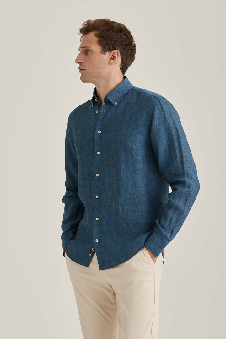 Marinblå Linneskjorta Button Down