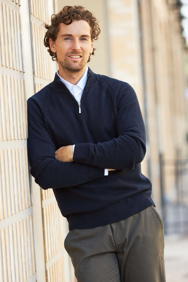 Marinblå Stickad Halv-Zip Tröja