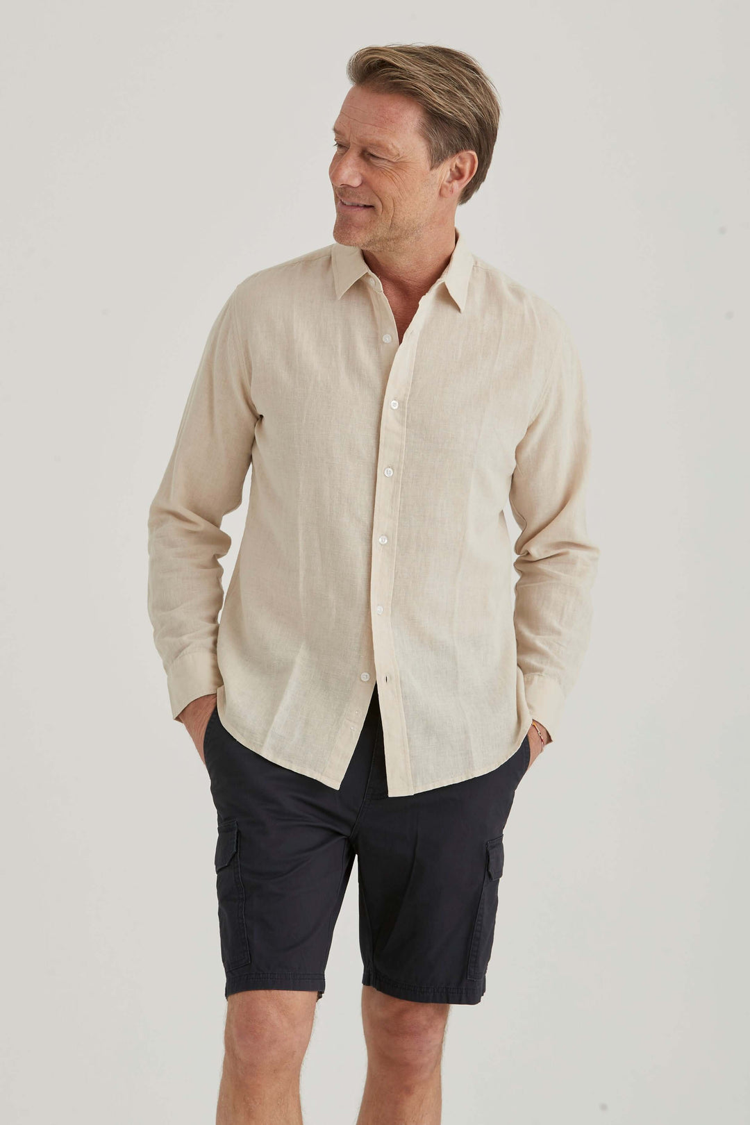 Beige Skjorta Linneblandning Herr