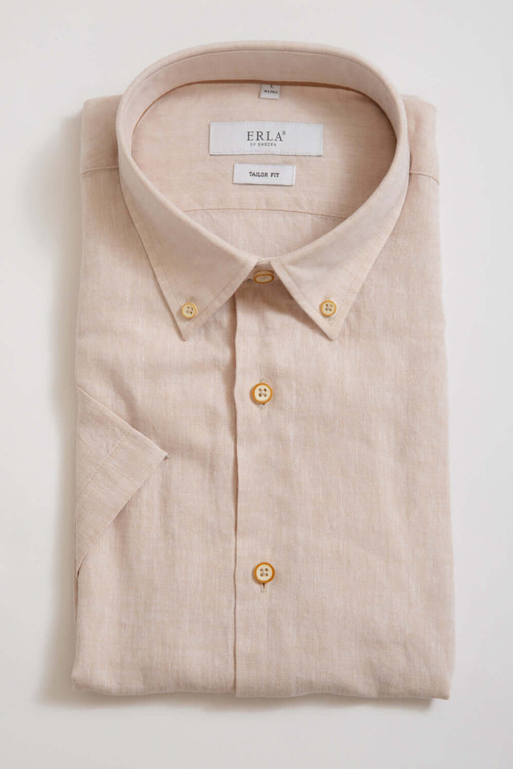 Beige Kortärmad Linneskjorta Button Down