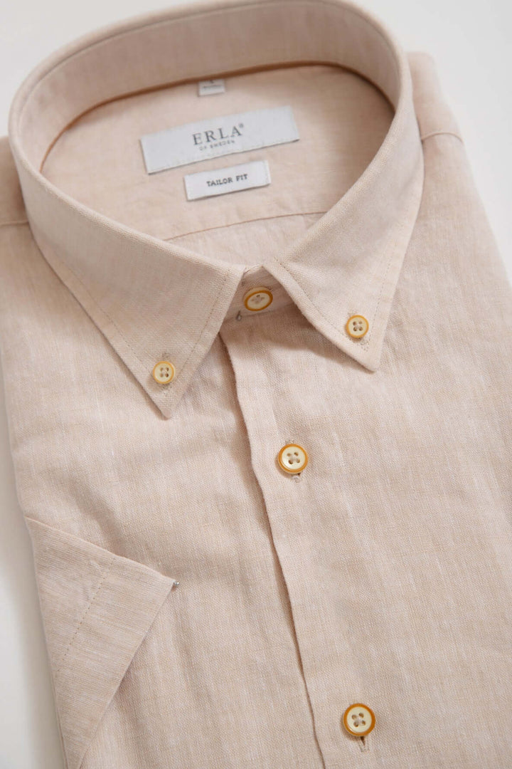 Beige Kortärmad Linneskjorta Button Down