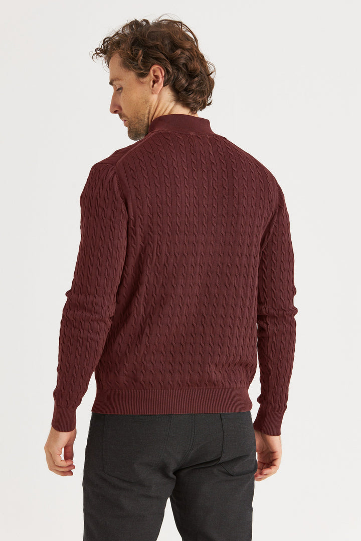 Vinröd Kabelstickad Halv-Zip Tröja