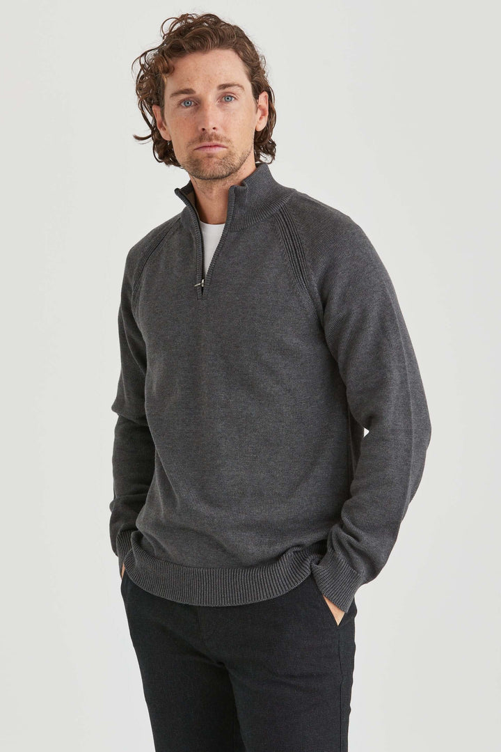 Grå Stickad Halv-Zip Tröja
