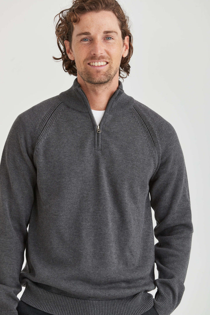 Grå Stickad Halv-Zip Tröja