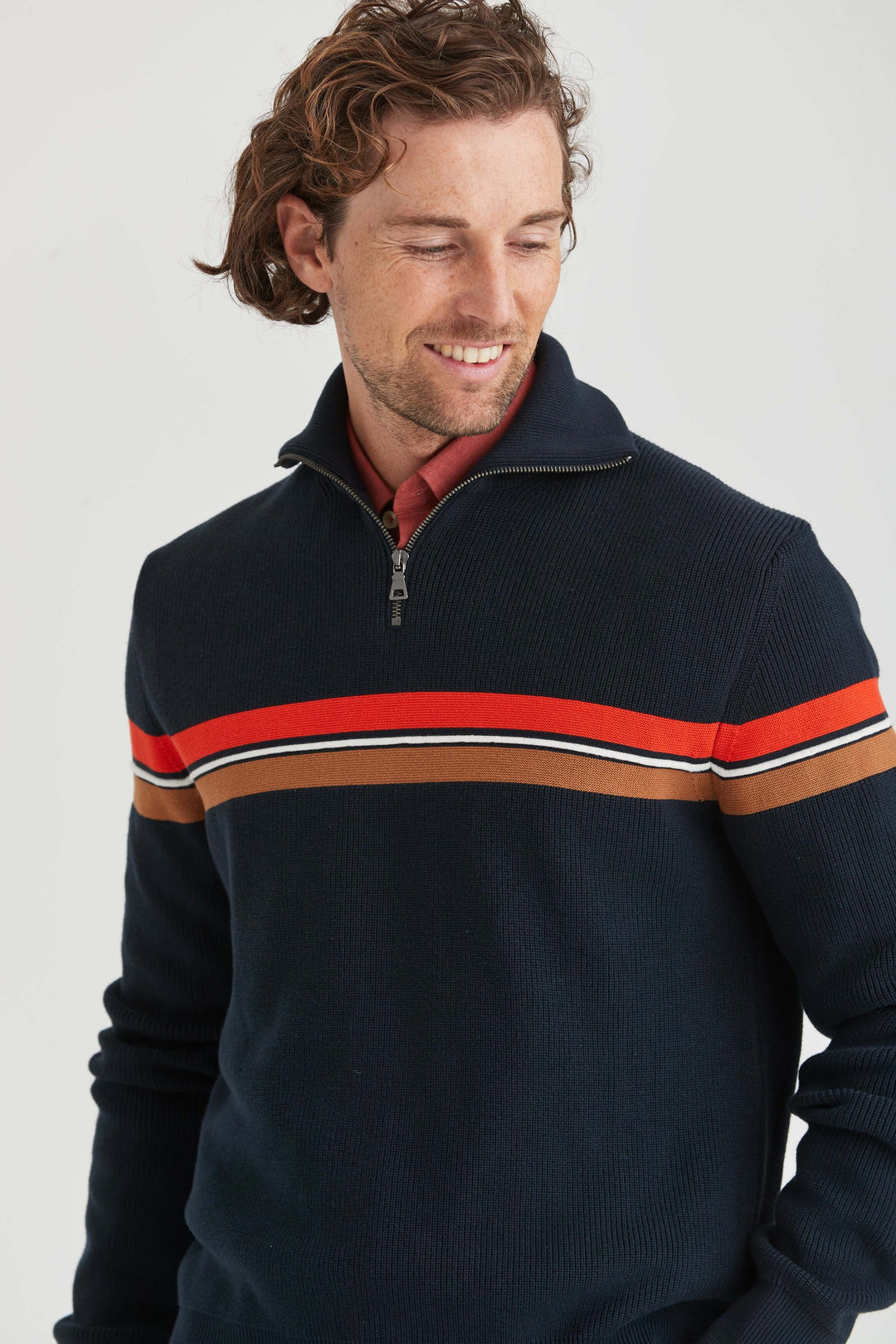 Stickad Tröja Halv-Zip Marinblå/Orange