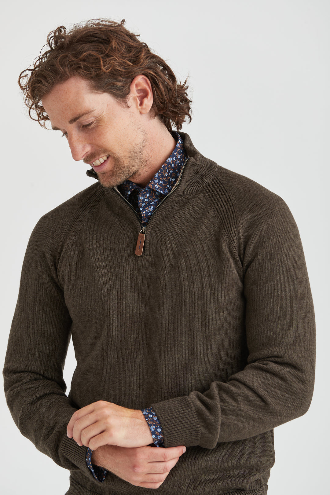 Brun Stickad Halv-Zip Tröja