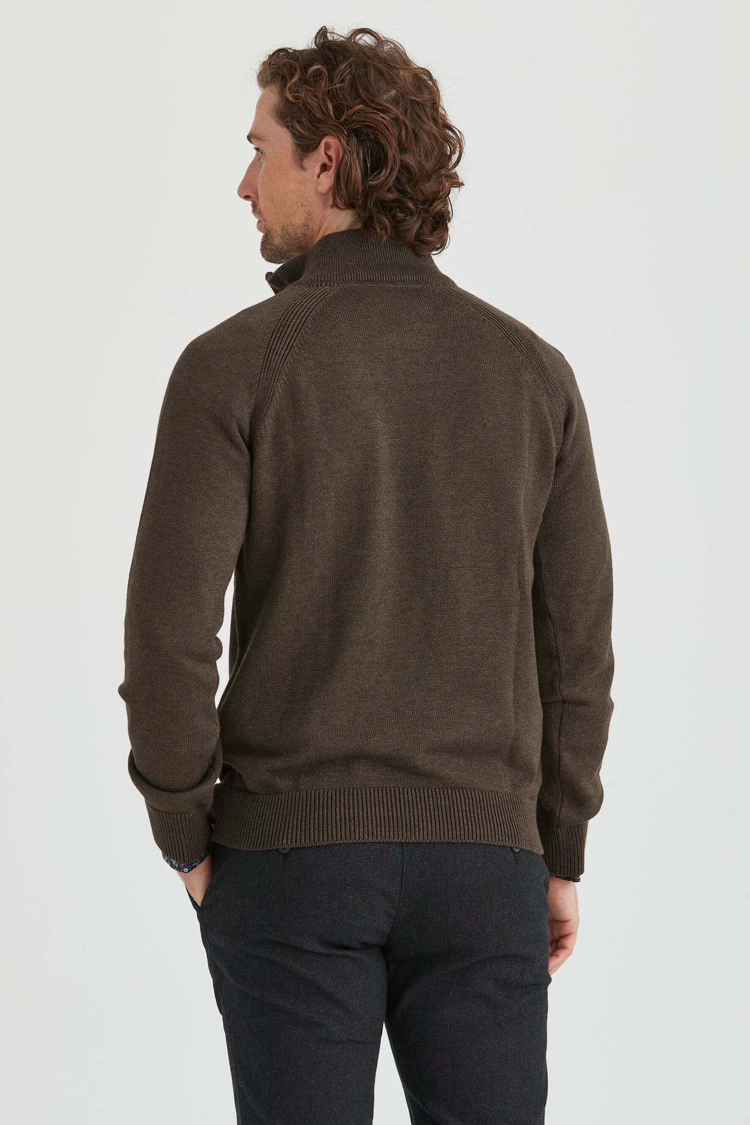 Brun Stickad Halv-Zip Tröja