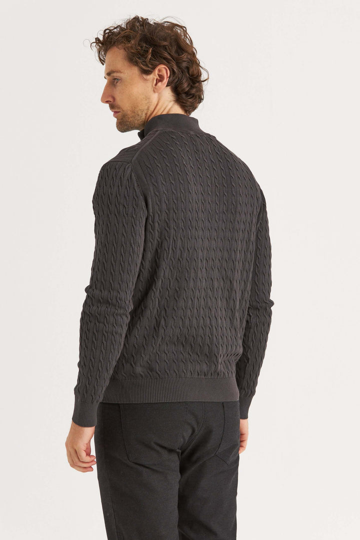 Grå Kabelstickad Halv-Zip Tröja