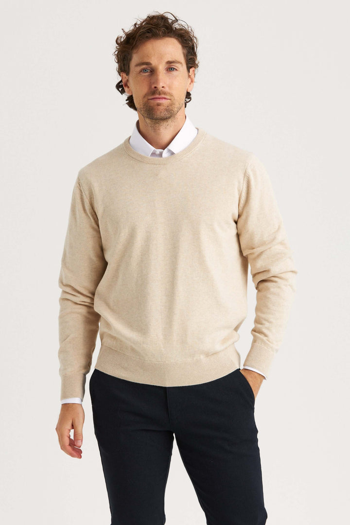 Beige Rundhalsad Tröja Bomull