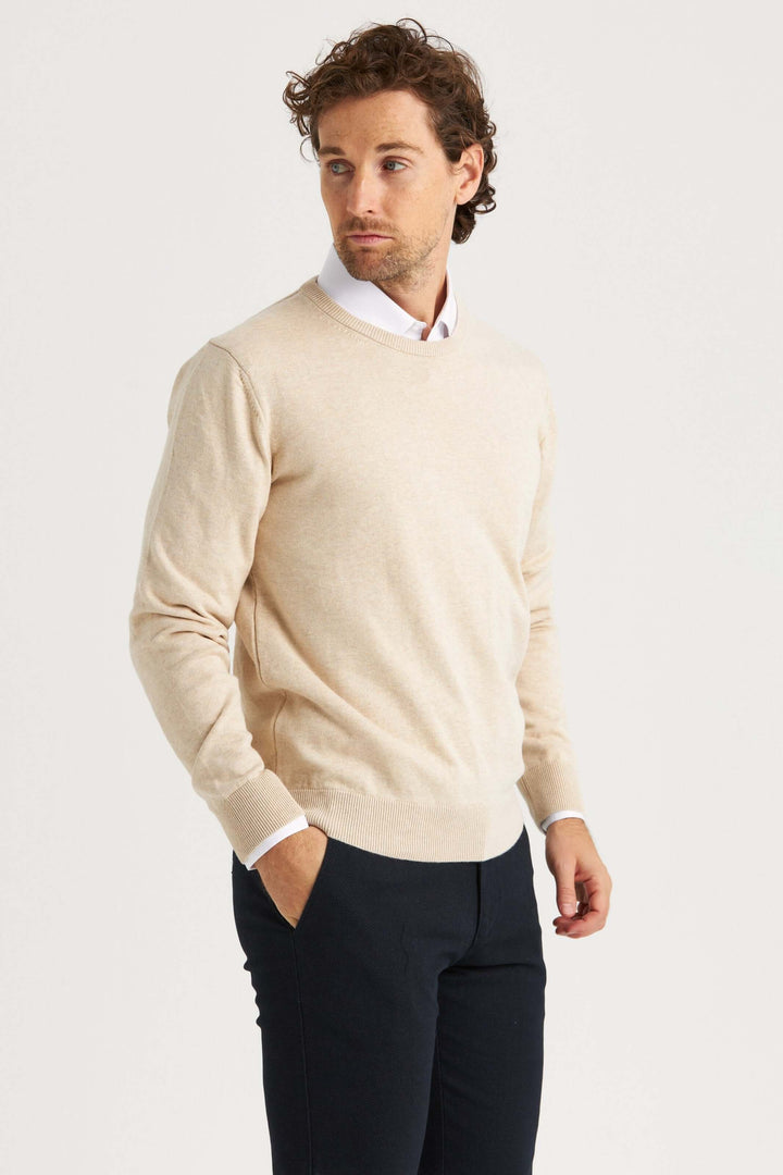 Beige Rundhalsad Tröja Bomull