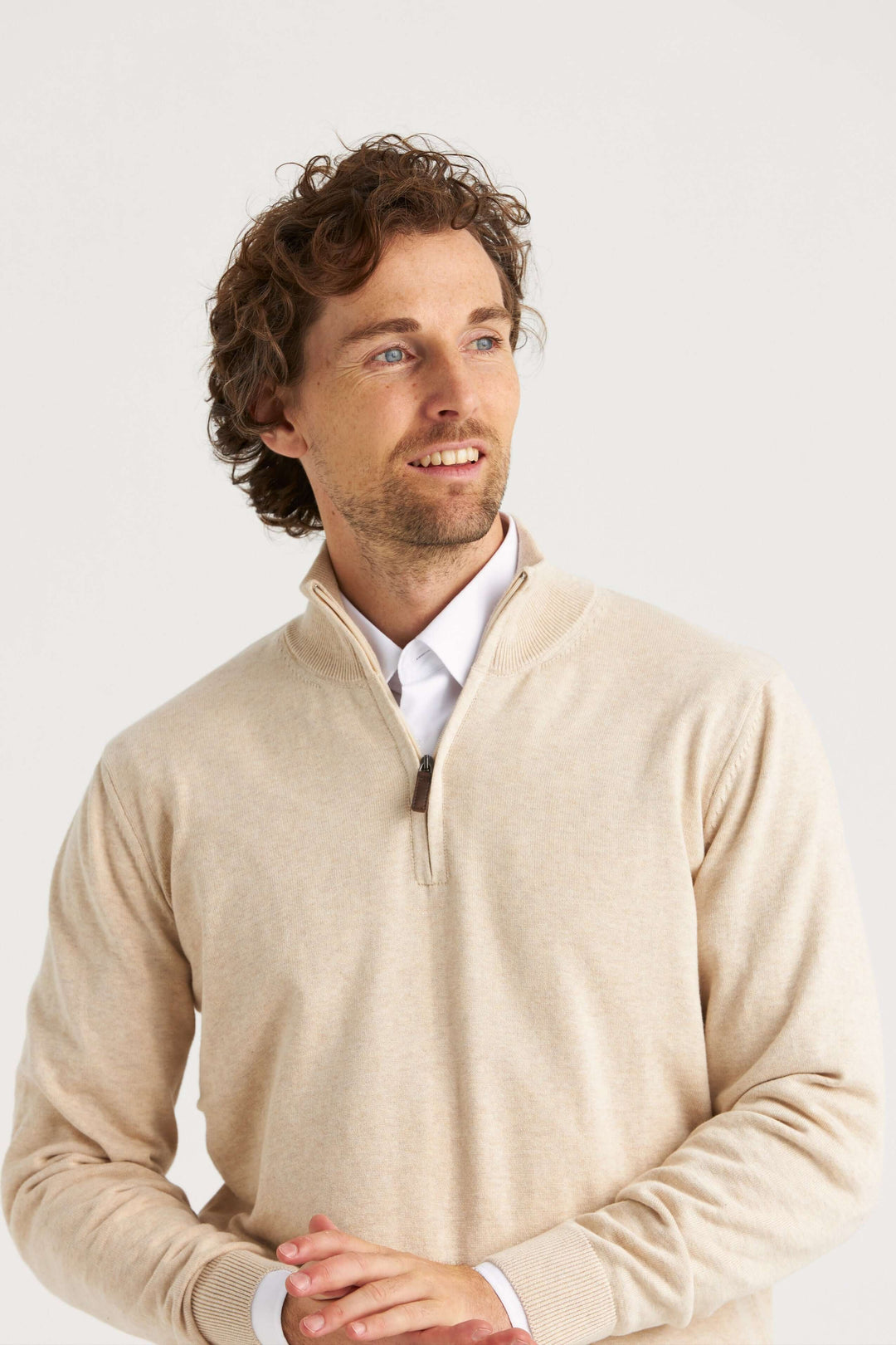 Beige Halv-Zip Tröja Bomull