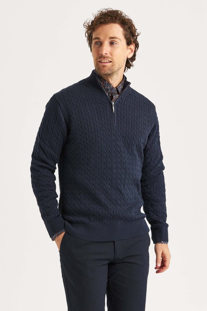 Marinblå Kabelstickad Halv-Zip Tröja