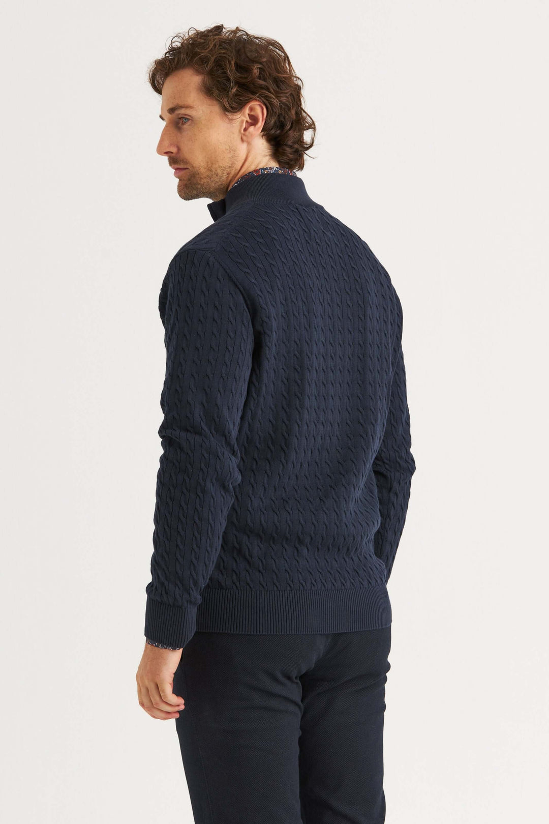 Marinblå Kabelstickad Halv-Zip Tröja