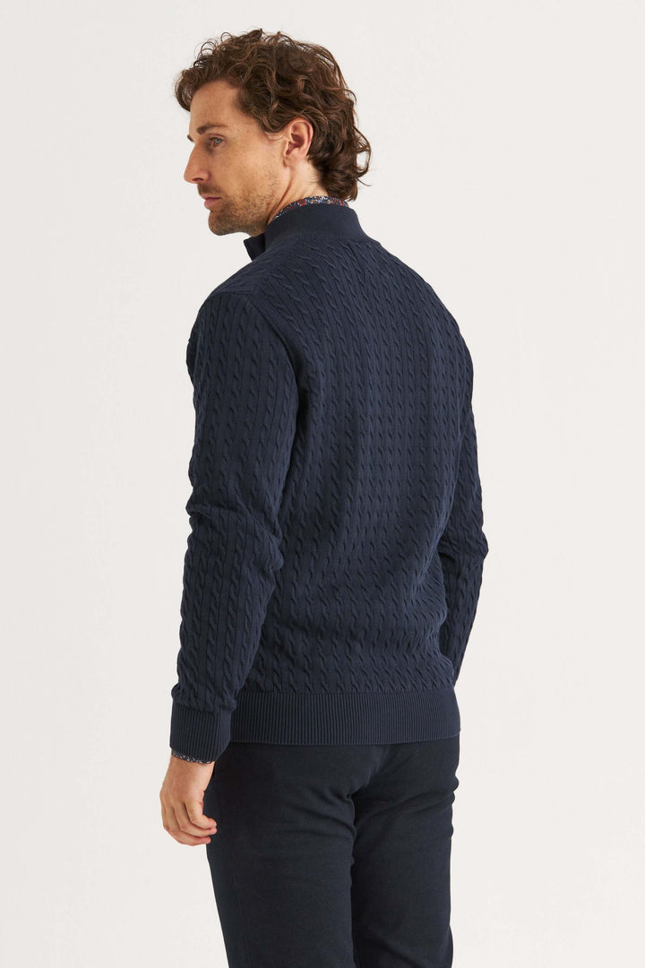Marinblå Kabelstickad Halv-Zip Tröja