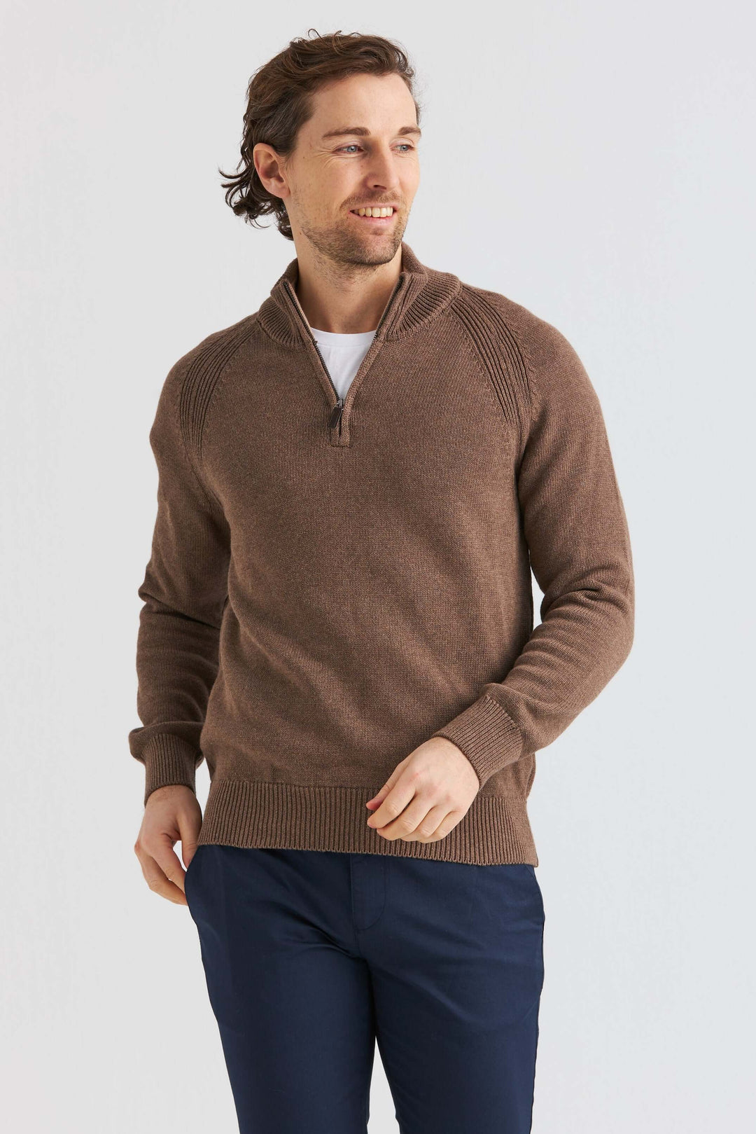 Brun Stickad Halv-Zip Tröja