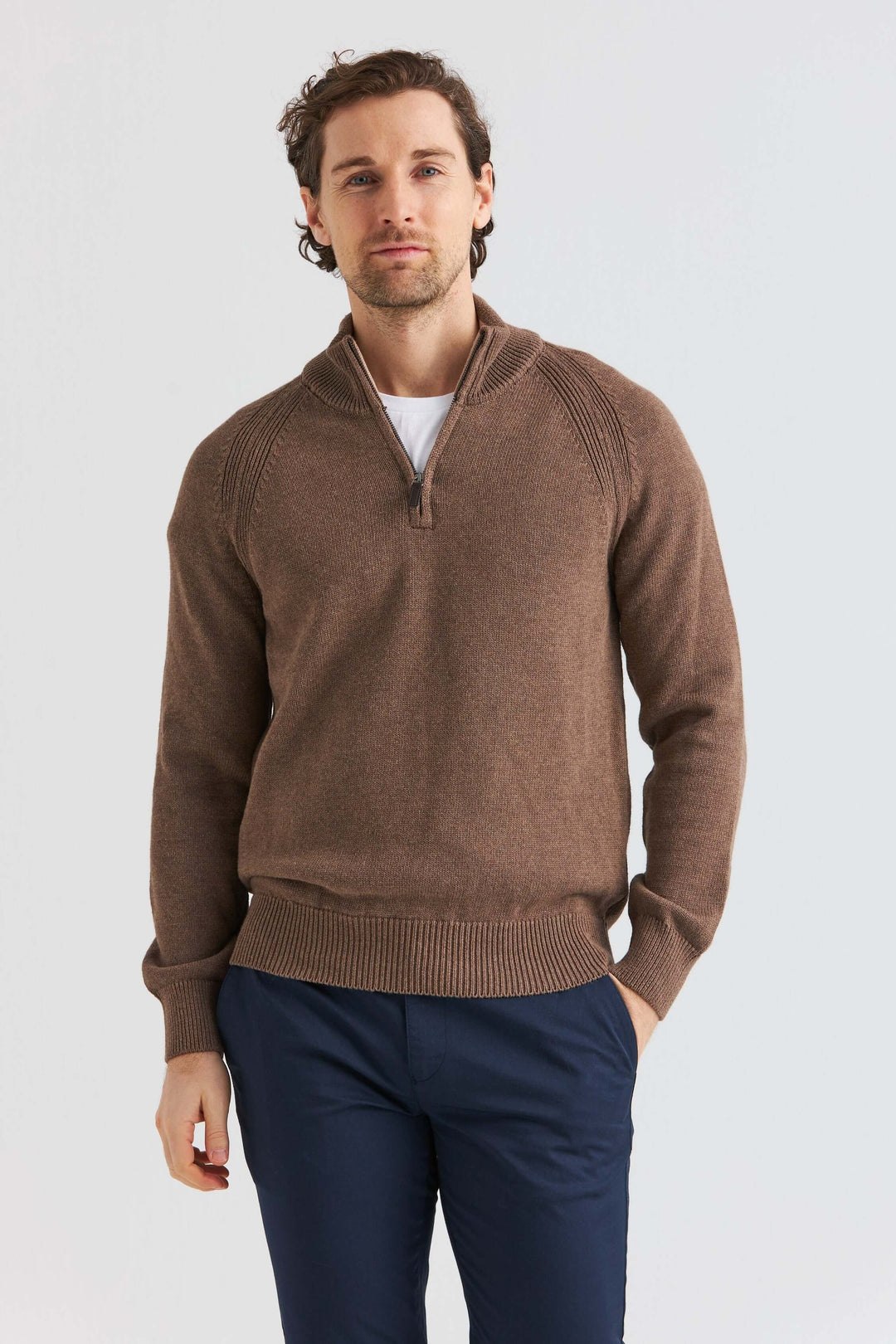 Brun Stickad Halv-Zip Tröja