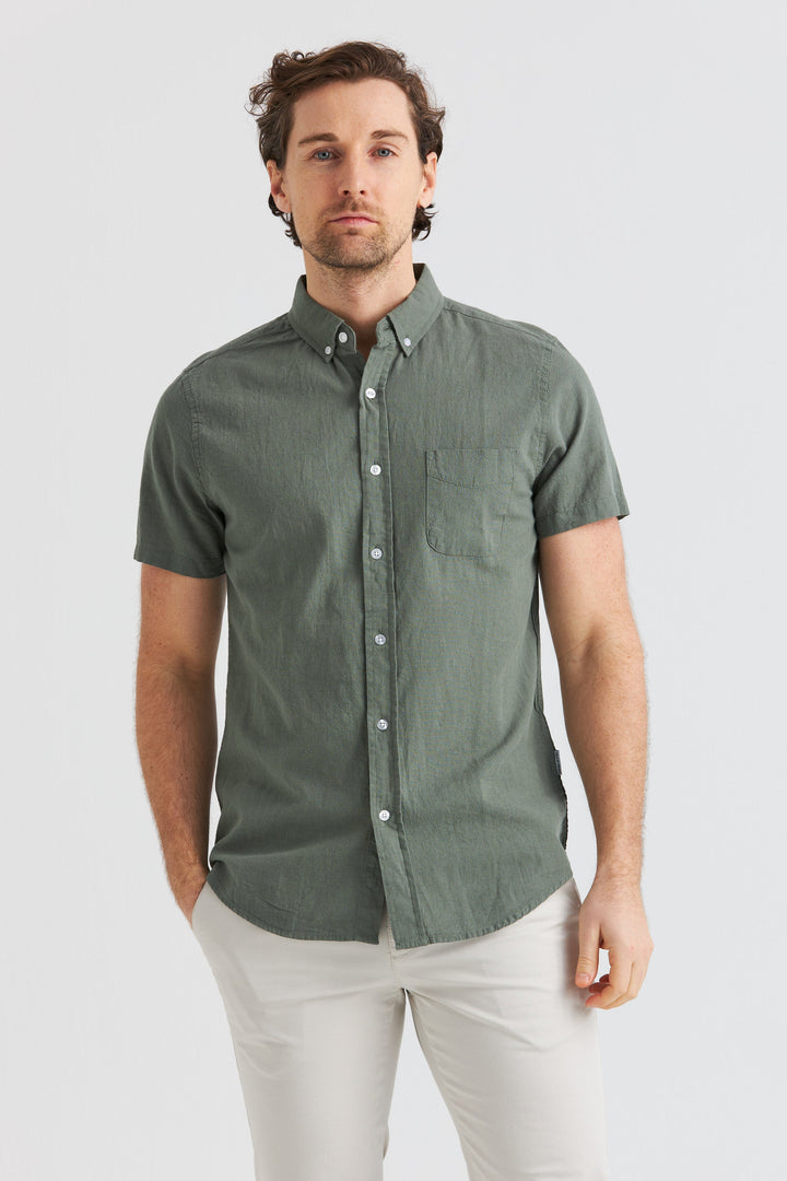 Linneskjorta Olivgrön Kortärmad