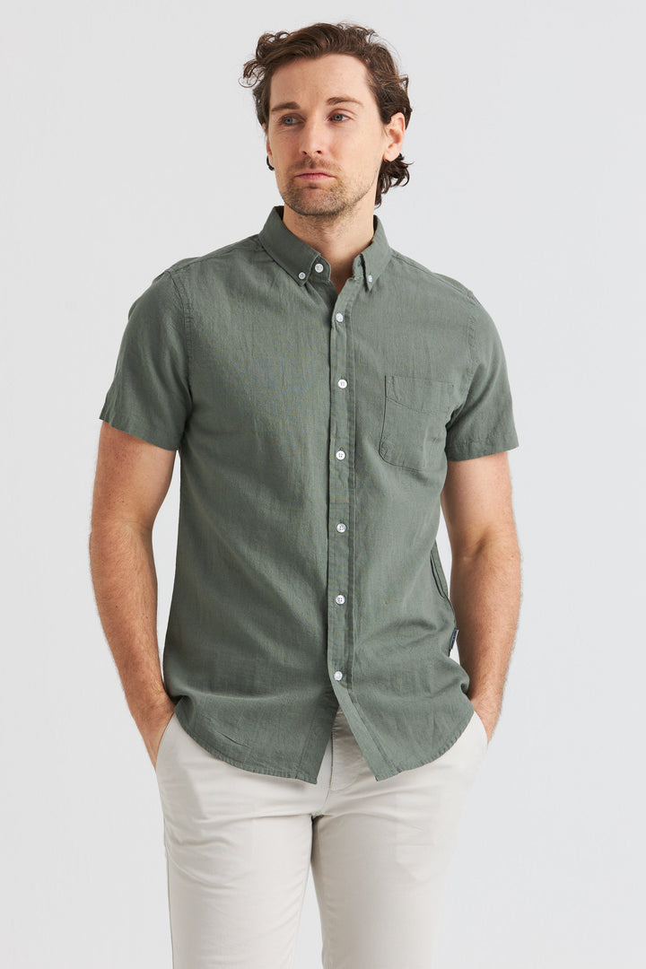 Linneskjorta Olivgrön Kortärmad