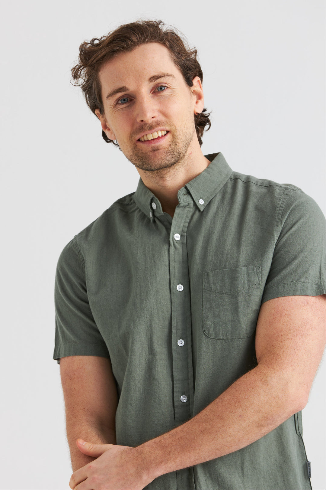 Linneskjorta Olivgrön Kortärmad