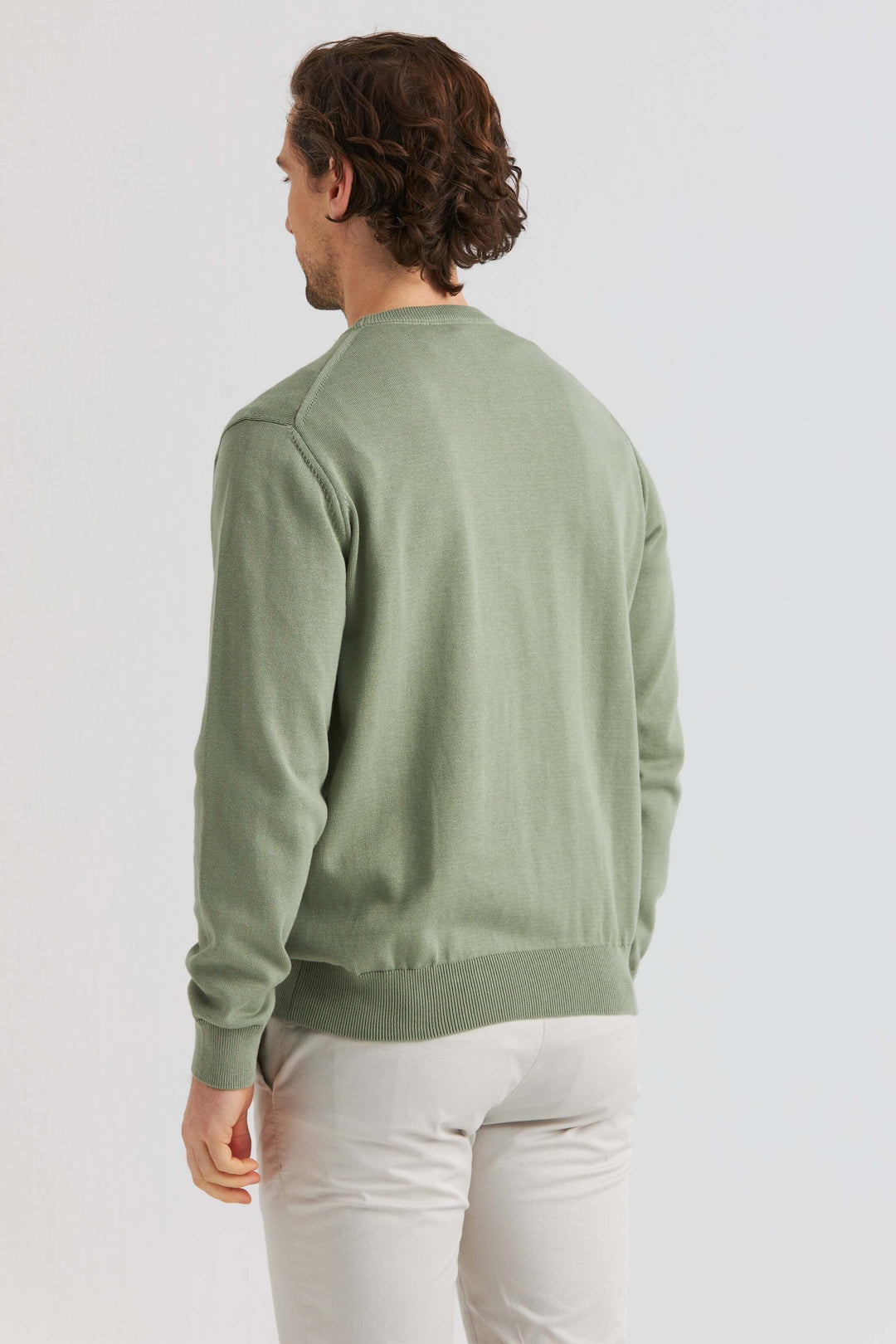 Grön bomullströja crew neck - man som visar bakifrån i mjuk grön färg, perfekt för både avslappnade och klädda tillfällen.