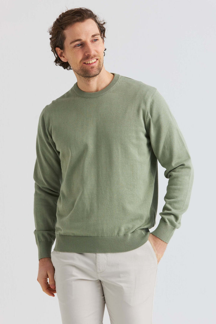 Grön bomullströja crew neck, stilren finstickad tröja i mjuk grön nyans, perfekt för avslappnad och snygg look.