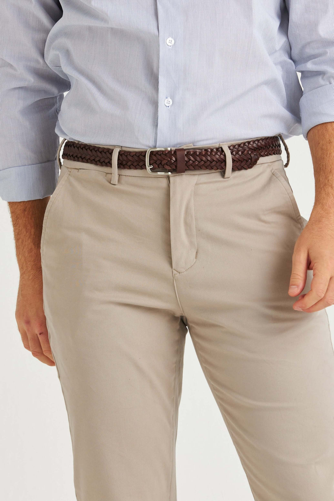 Beige Stretch Chinos worn with a braided brown belt, stylish and comfortable for everyday wear.
