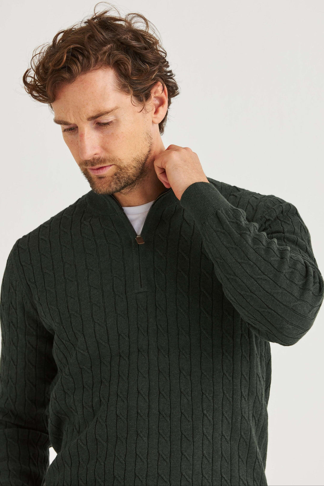 Mörkgrön Kabelstickad Half Zip