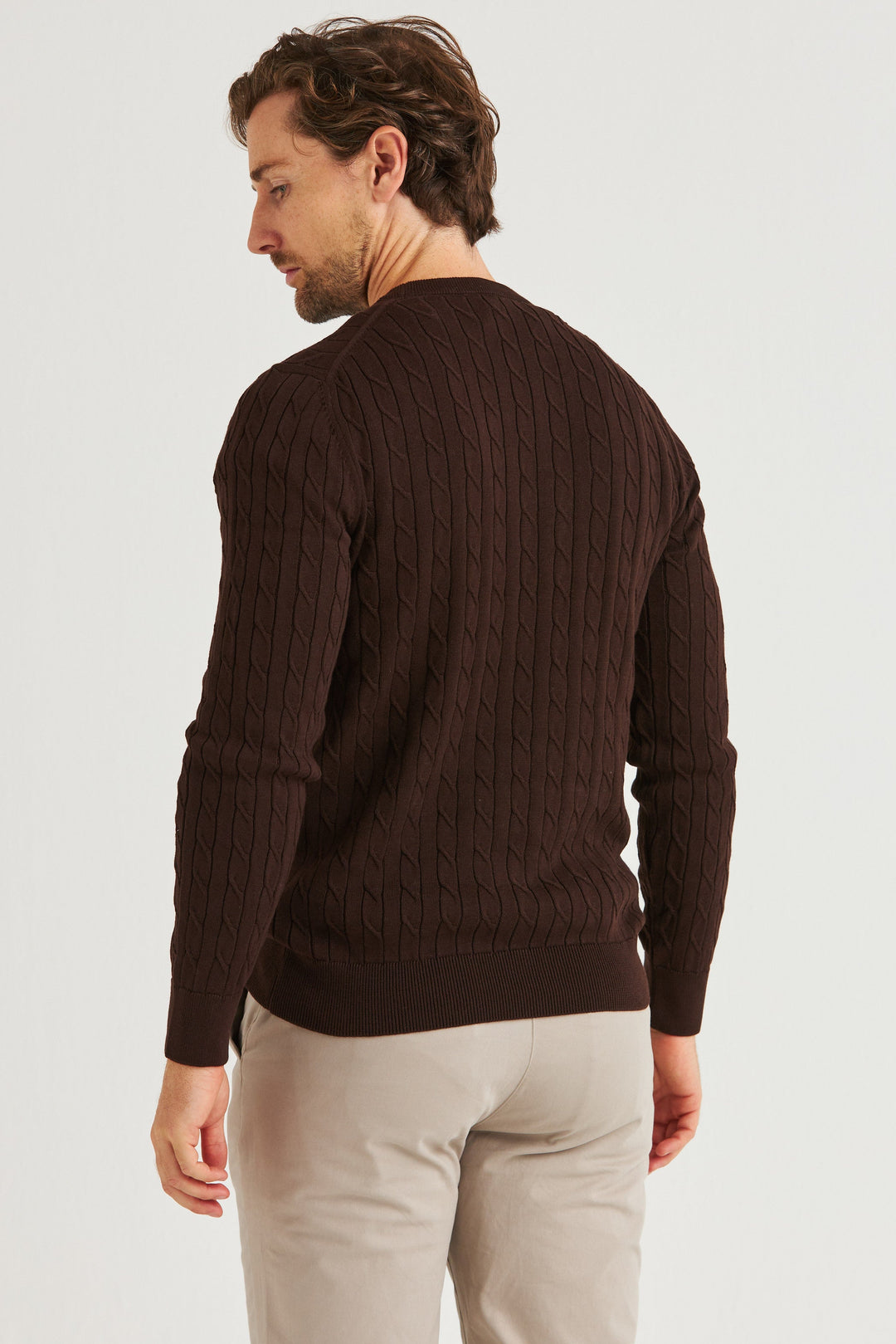 Mörkbrun Kabelstickad Crew Neck