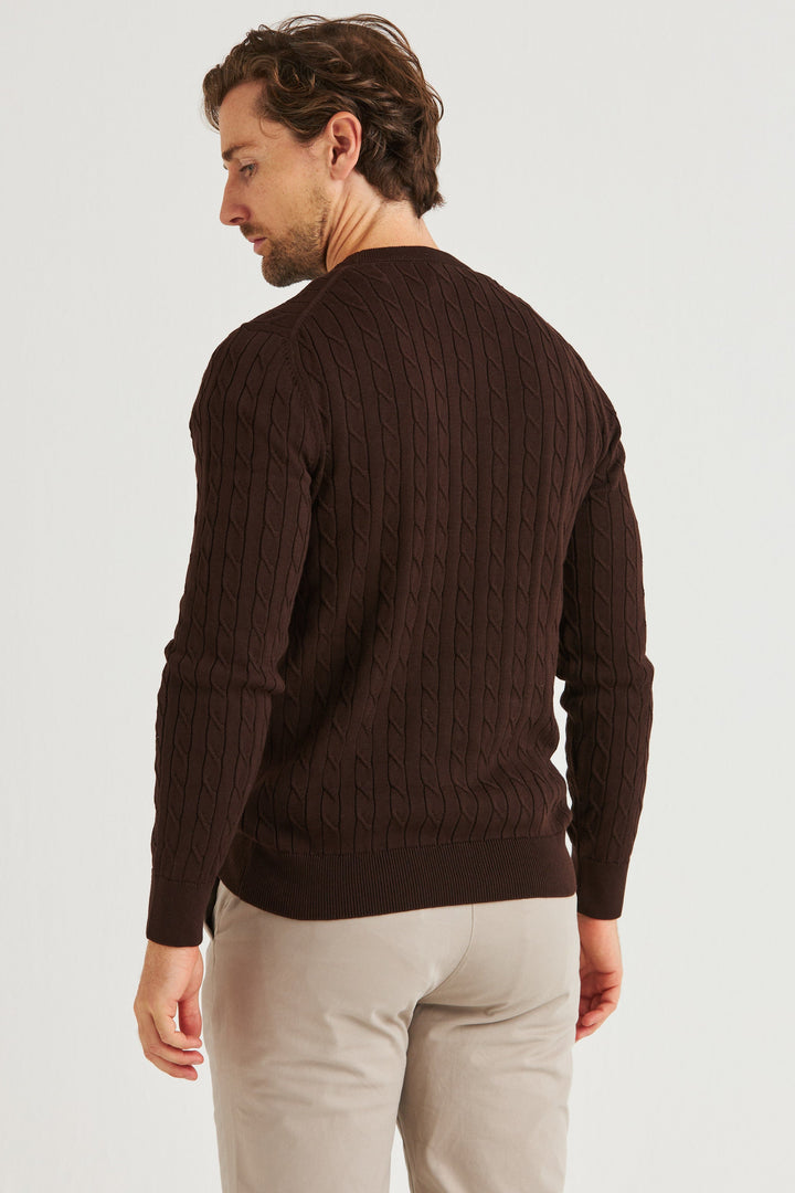 Mörkbrun Kabelstickad Crew Neck