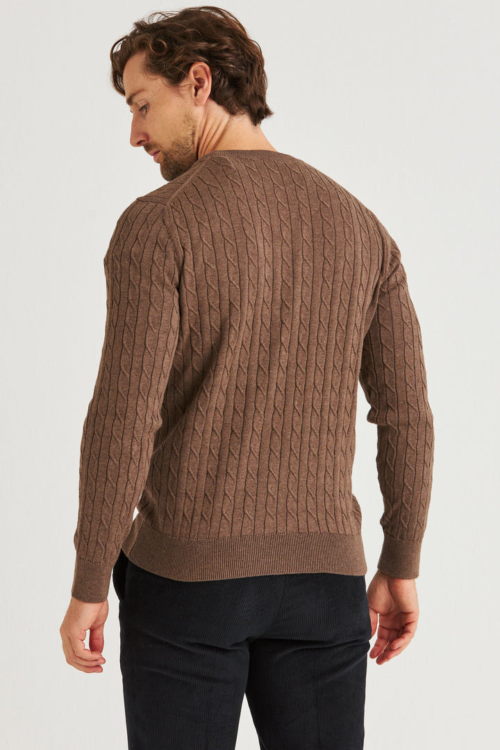 Brun Kabelstickad Crew Neck