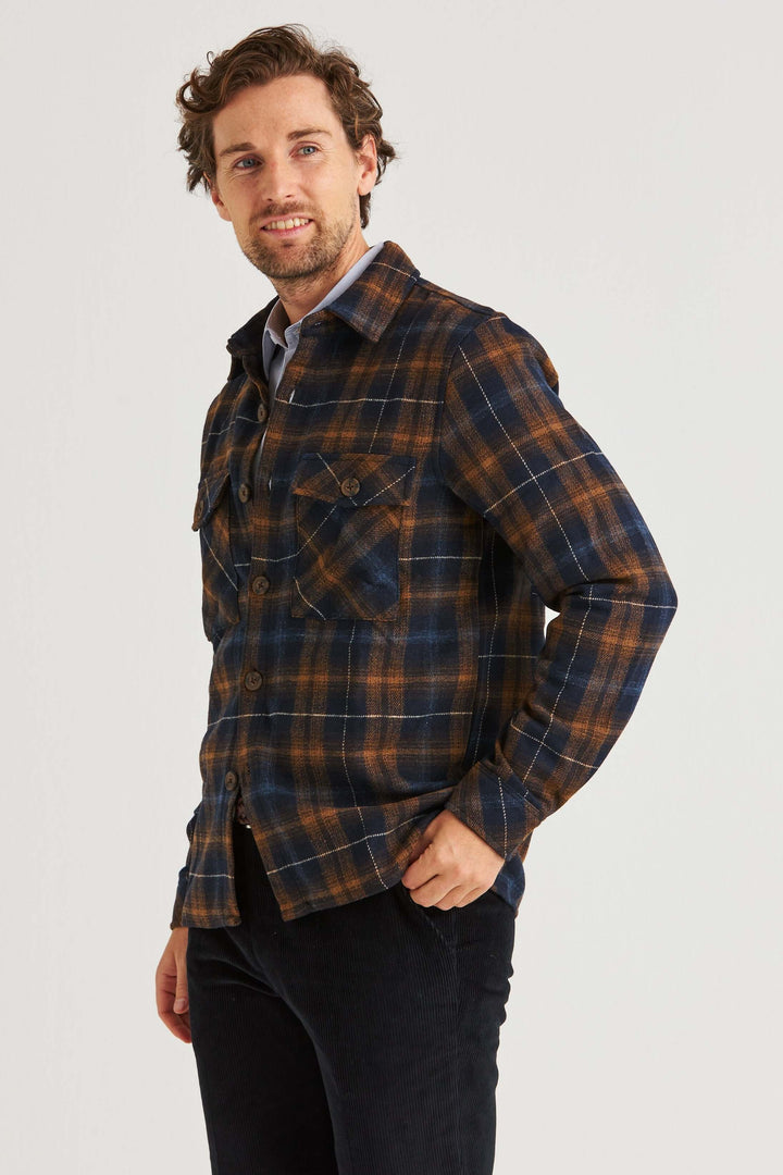 Brun Rutig Overshirt i marinblå och bruna toner, perfekt för hösten med klassiskt rutmönster och bröstfickor.