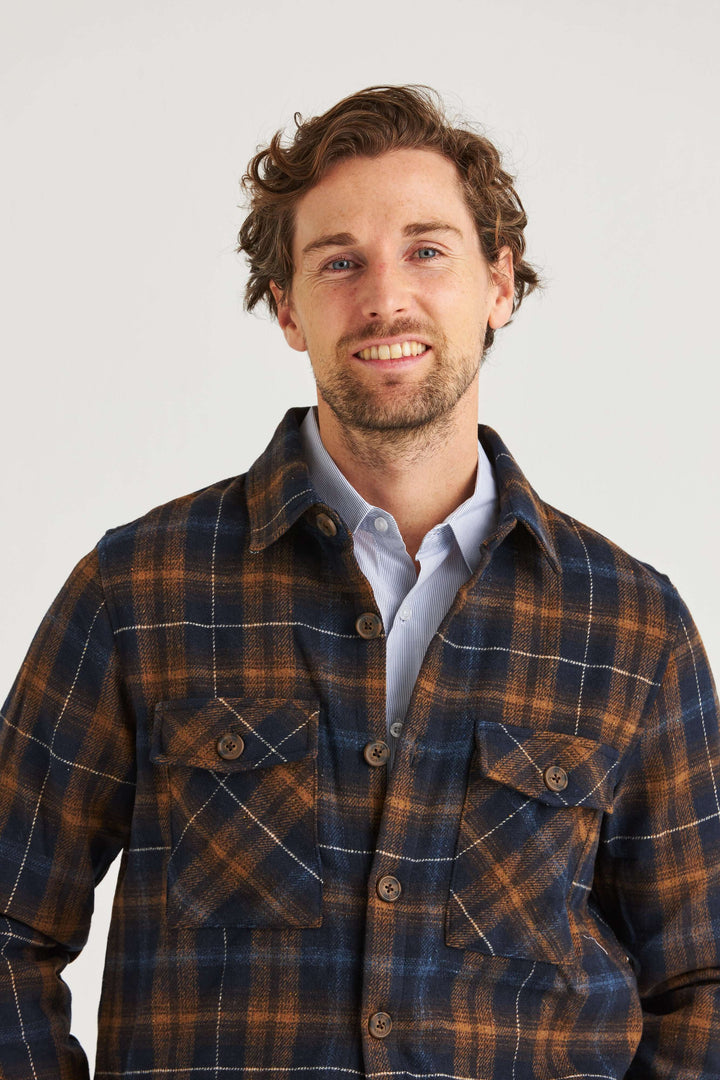 Brun Rutig Overshirt på en man med brunt och marinblått rutmönster, idealisk för hösten.