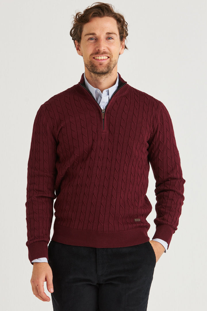 Vinröd Kabelstickad Half Zip