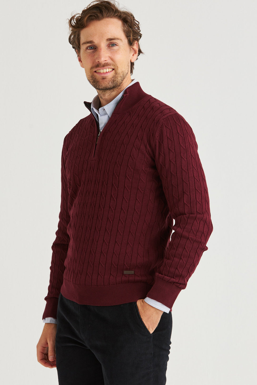 Vinröd Kabelstickad Half Zip