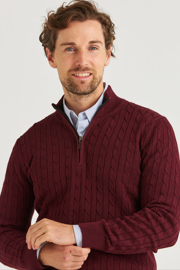 Vinröd Kabelstickad Half Zip