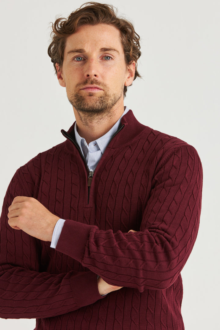 Vinröd Kabelstickad Half Zip