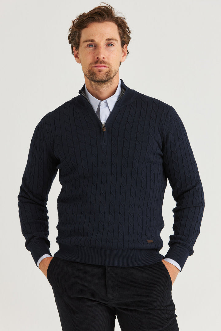 Marinblå Kabelstickad Half Zip