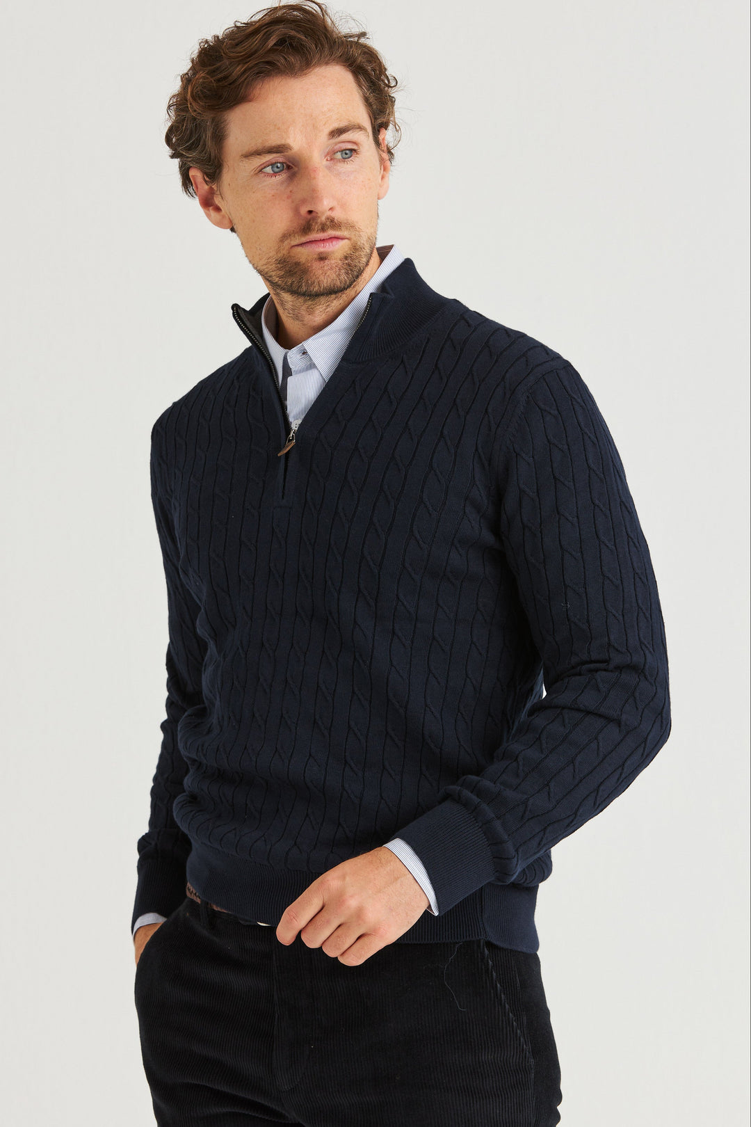 Marinblå Kabelstickad Half Zip