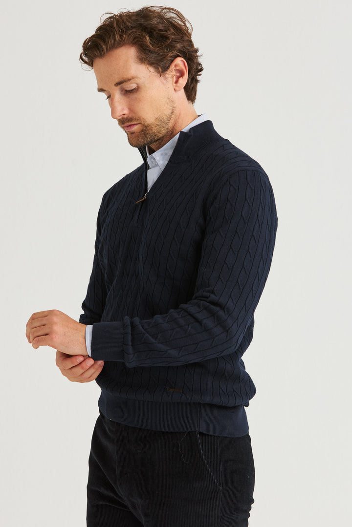 Marinblå Kabelstickad Half Zip