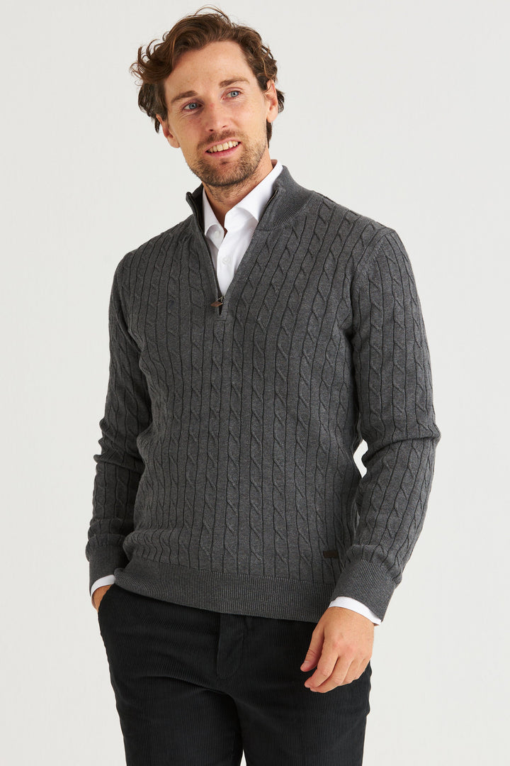 Grå Kabelstickad Half Zip