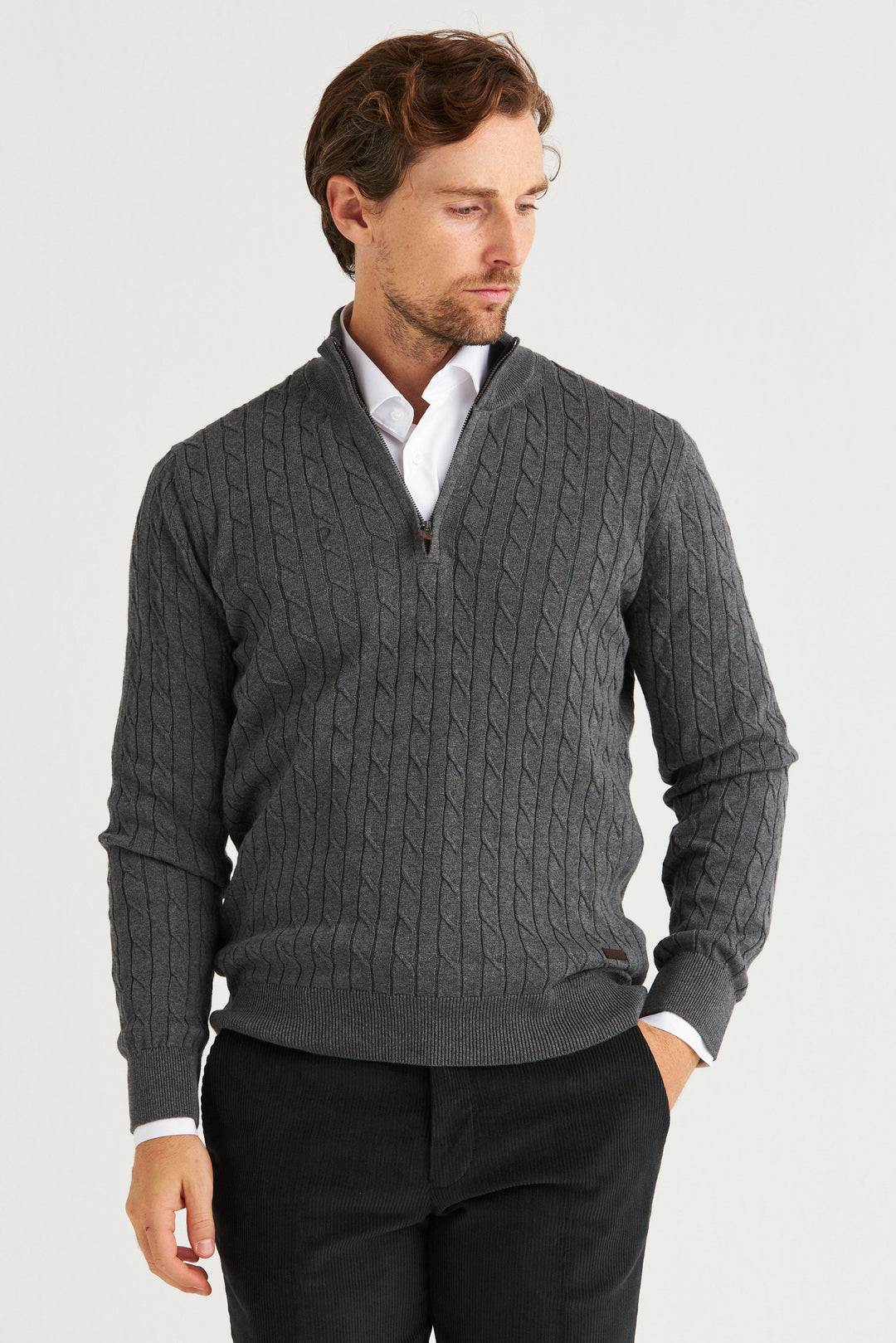 Grå Kabelstickad Half Zip