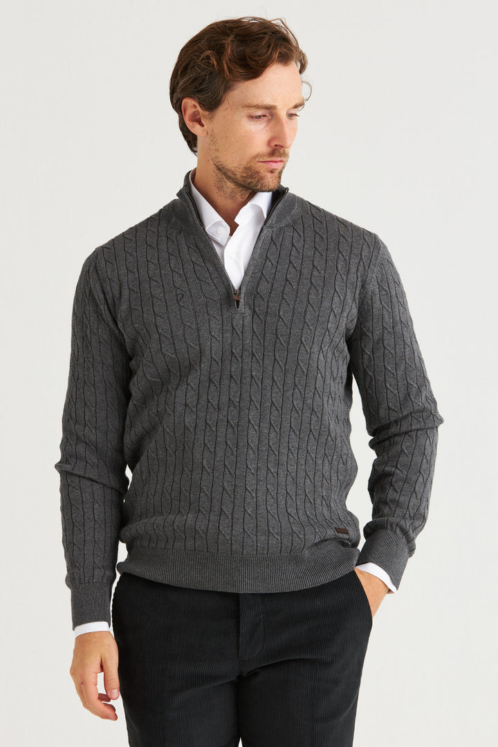 Grå Kabelstickad Half Zip