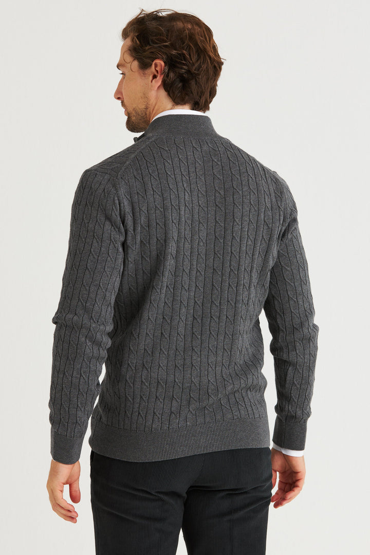 Grå Kabelstickad Half Zip