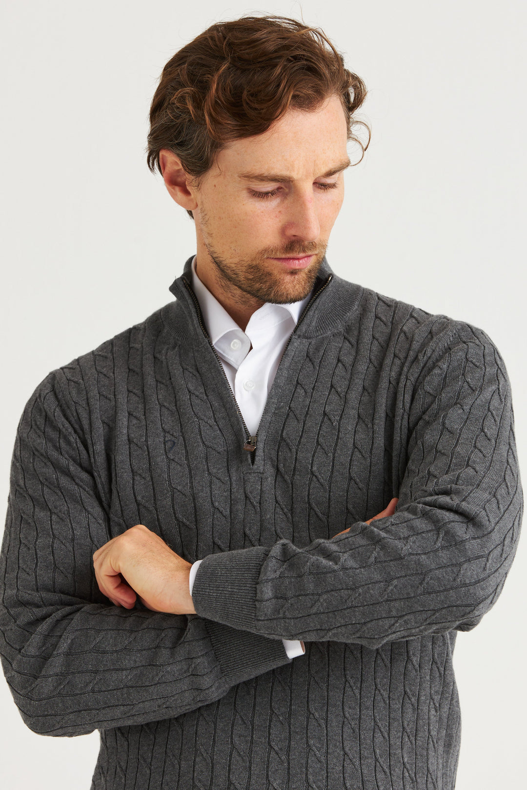 Grå Kabelstickad Half Zip