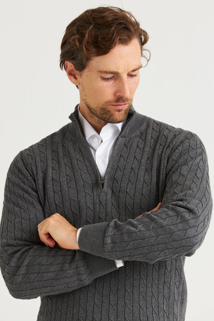 Grå Kabelstickad Half Zip