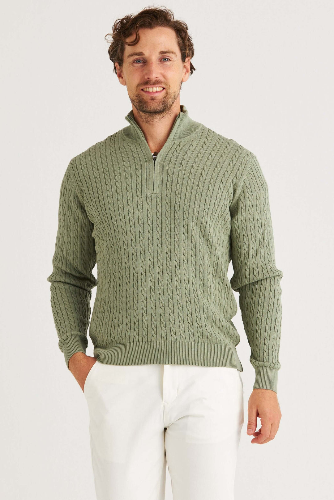 Grön kabelstickad tröja half zip