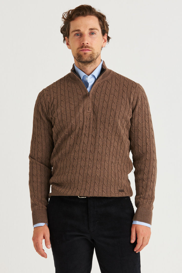 Brun Kabelstickad Half Zip