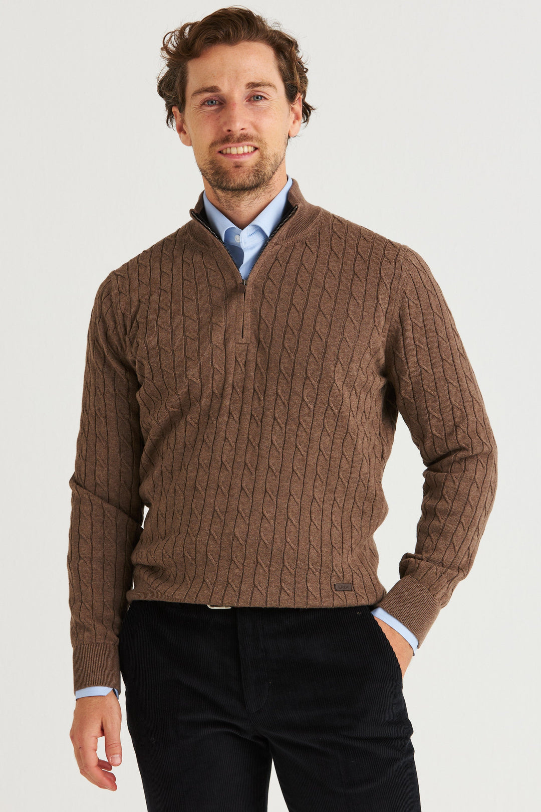 Brun Kabelstickad Half Zip