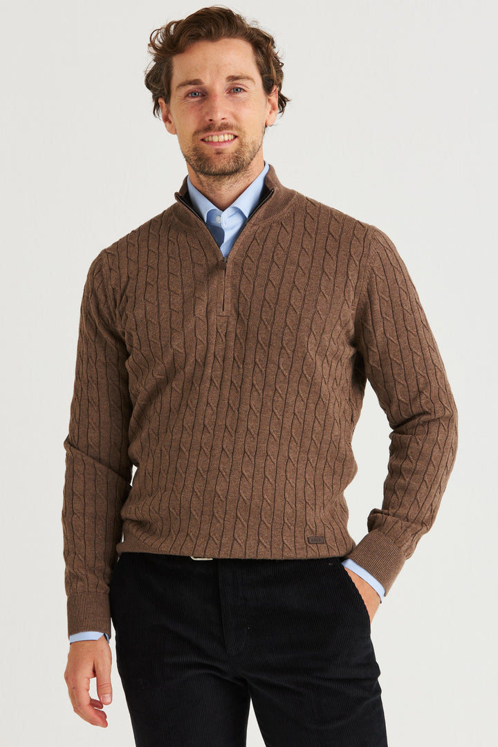 Brun Kabelstickad Half Zip