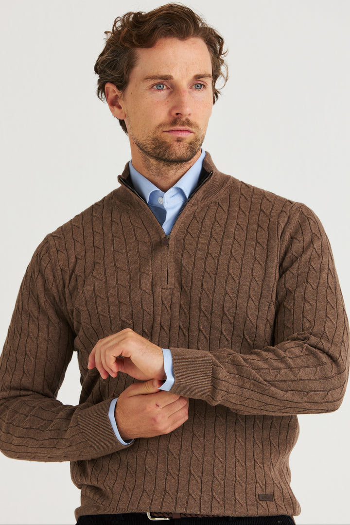 Brun Kabelstickad Half Zip